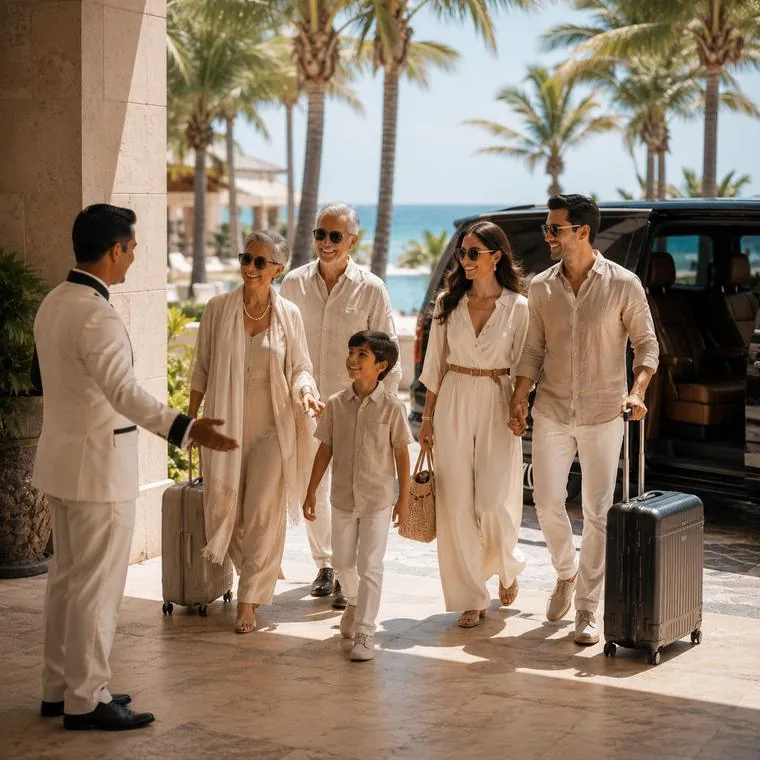 A family being met by staff beside a waiting vehicle
