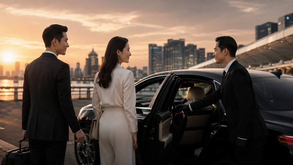 A chauffeur opens a car door for guests at dusk in front of a city skyline