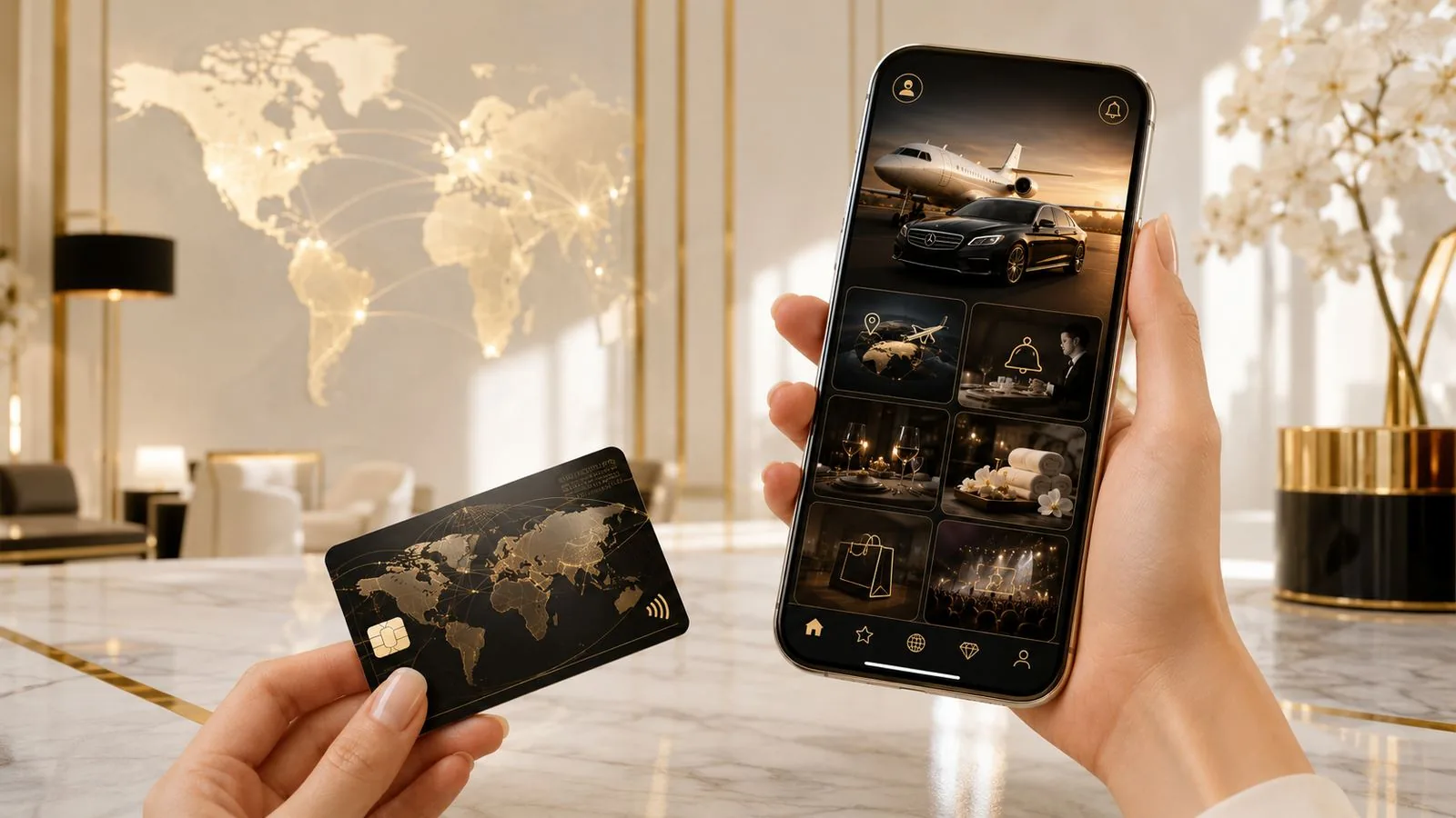 A member holding a privilege card beside a phone showing the rewards app