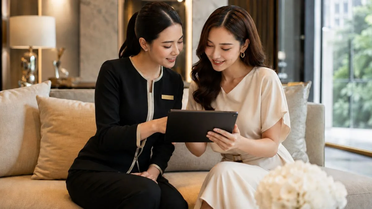 A WRS concierge showing a member her options on a tablet in a residence lounge