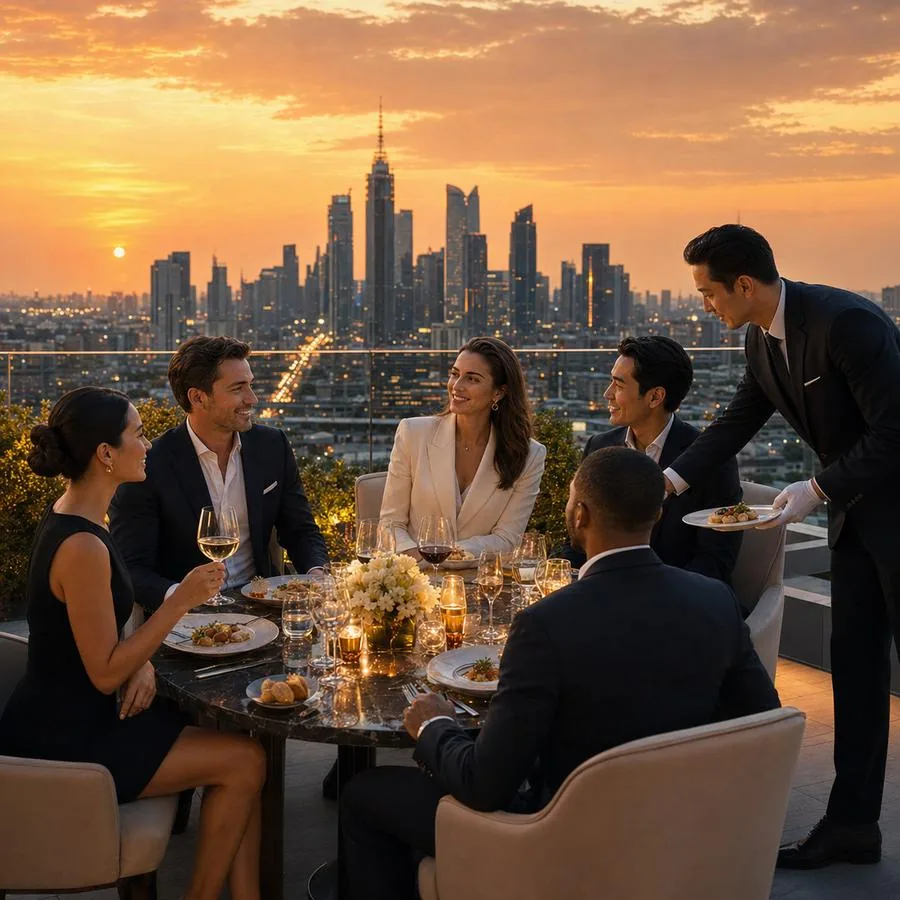 Guests dining on a rooftop terrace above the Bangkok skyline at sunset