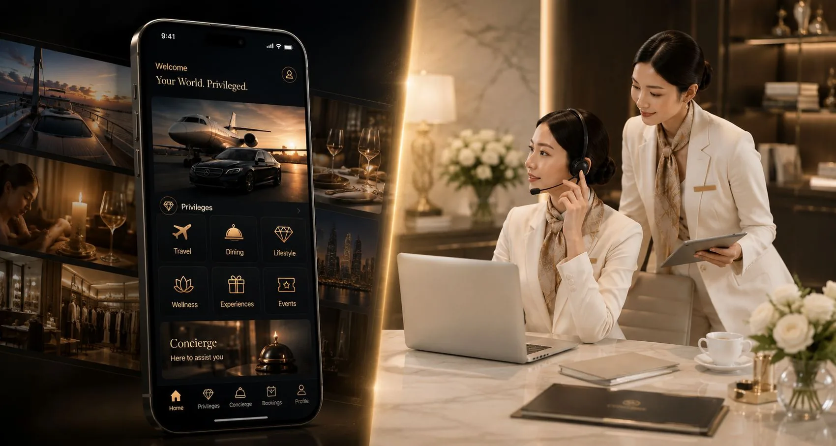 The rewards app beside two concierge agents working at a marble desk