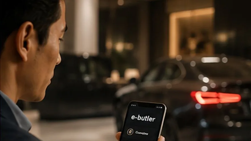 A car owner using the e-butler service beside a luxury vehicle