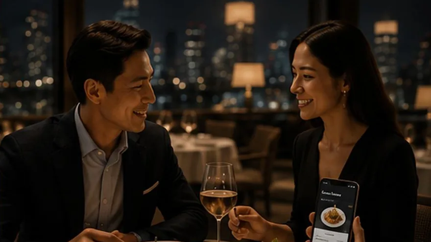 A couple redeeming a fine-dining privilege at a restaurant