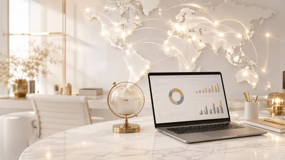 A laptop showing programme analytics in front of a lit world map