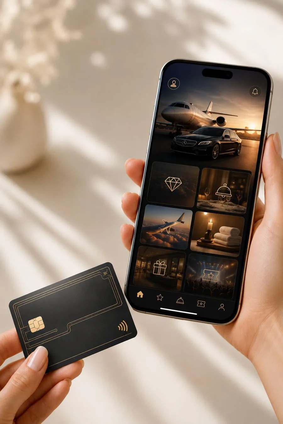 A member holding the privilege card beside the rewards app on a phone