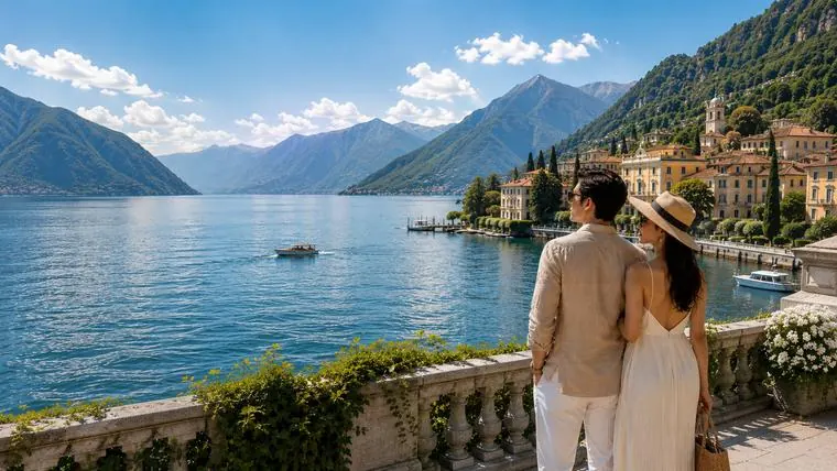 A couple looking out over a lake surrounded by mountains