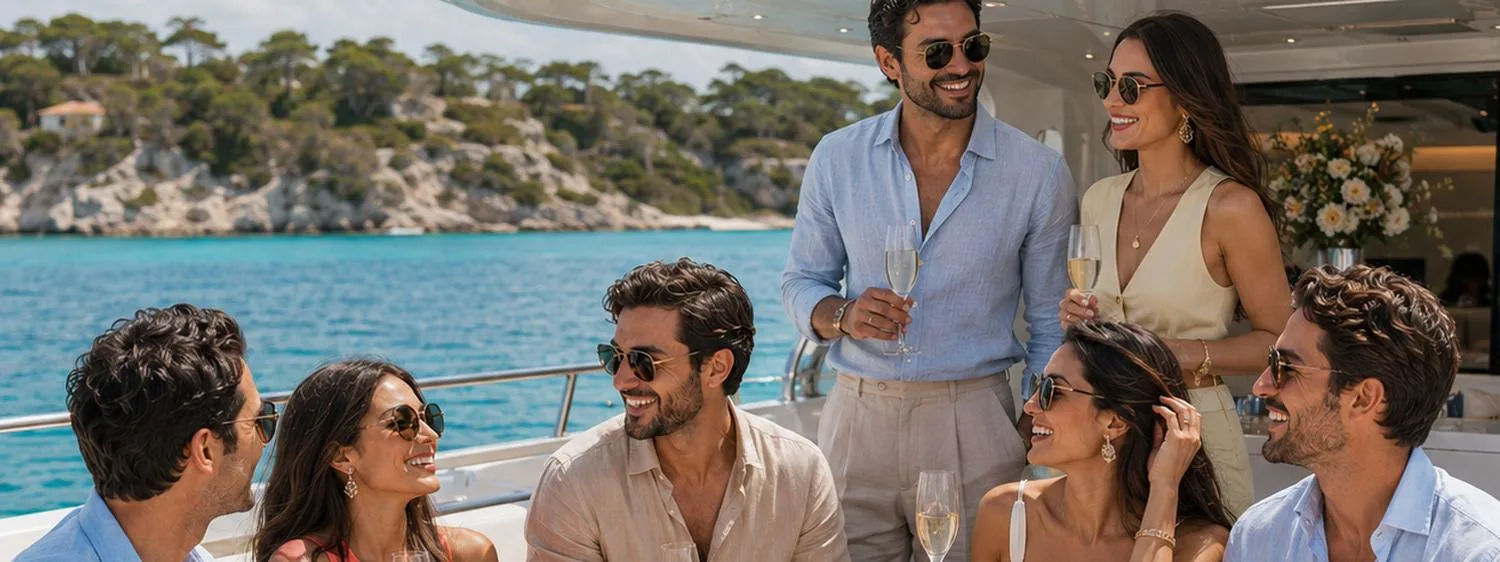 Members enjoying a private charter with food and drinks on deck
